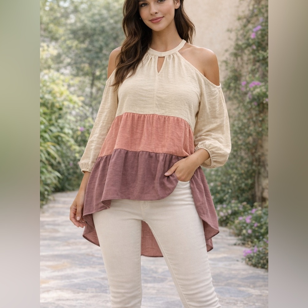 Cato‎ Tiered Tunic Blouse Medium | Cold Shoulder Long Sleeve | High-Low Hem
